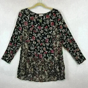 J Jill Top Women’s Medium Black Floral Tunic Long Sleeve Ruffles Boho